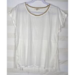 Re-Order White Mix Media Semi Sheer Gold Trim Neckline Blouse Size Large Top